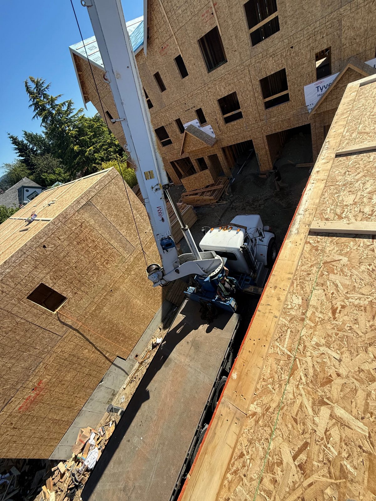 Townhouse structural framing progress, view 3